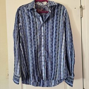 ROBERT GRAHAM RYAN BLUE TAN WHITE BLACK PUZZLE PIECE & STRIPE L/S SHIRT SZ M